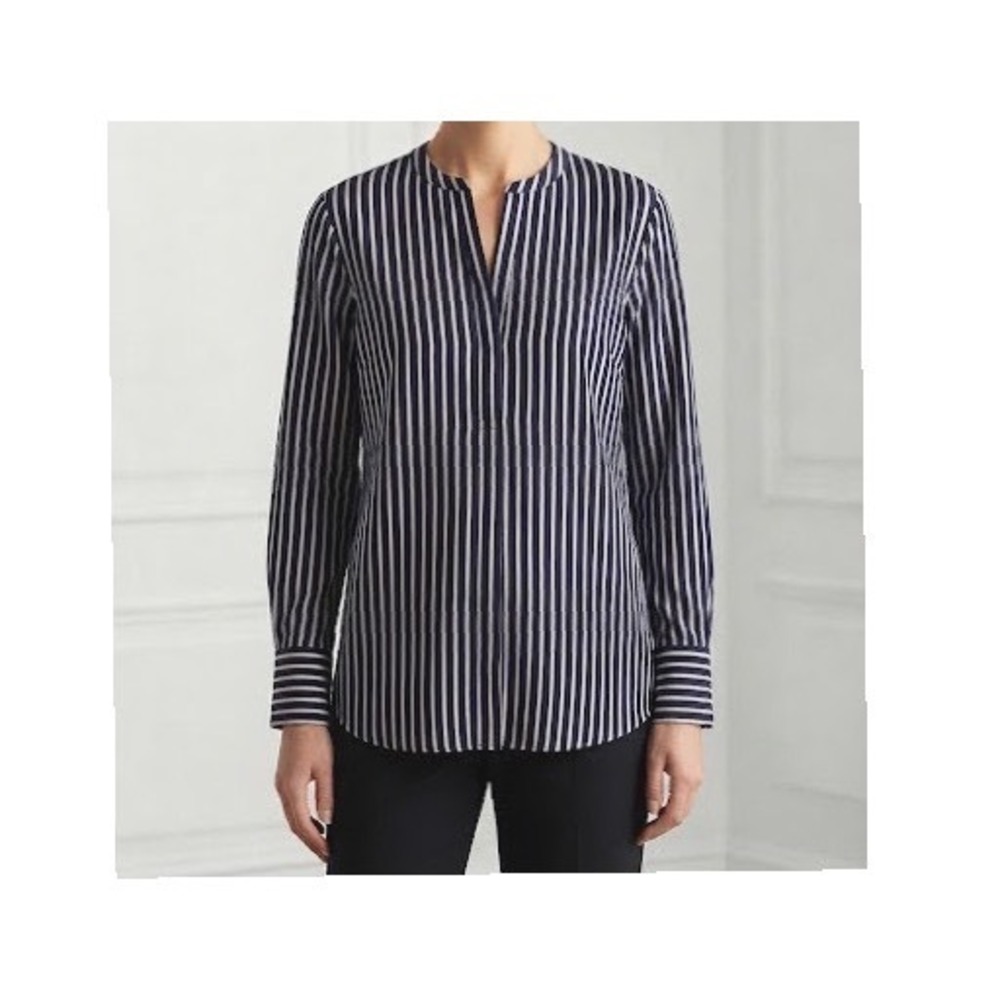 Rails Blouse Womens Medium Navy Blue Silk Striped Long Sleeve Split Neck Classic